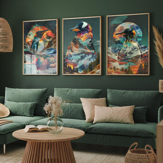 Penguin Set of Three Art Prints - 3 Double Exposure Bird Posters - Surreal Mountain Glacier Nature Wall Art Gift Painting Cosmic