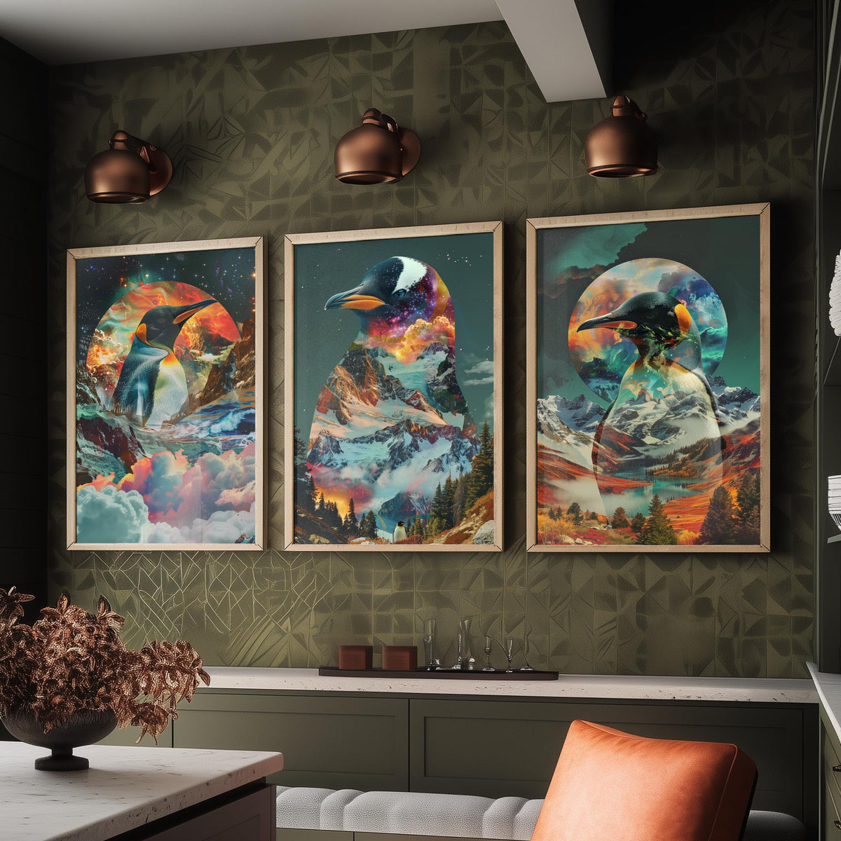 Penguin Set of Three Art Prints - 3 Double Exposure Bird Posters - Surreal Mountain Glacier Nature Wall Art Gift Painting Cosmic