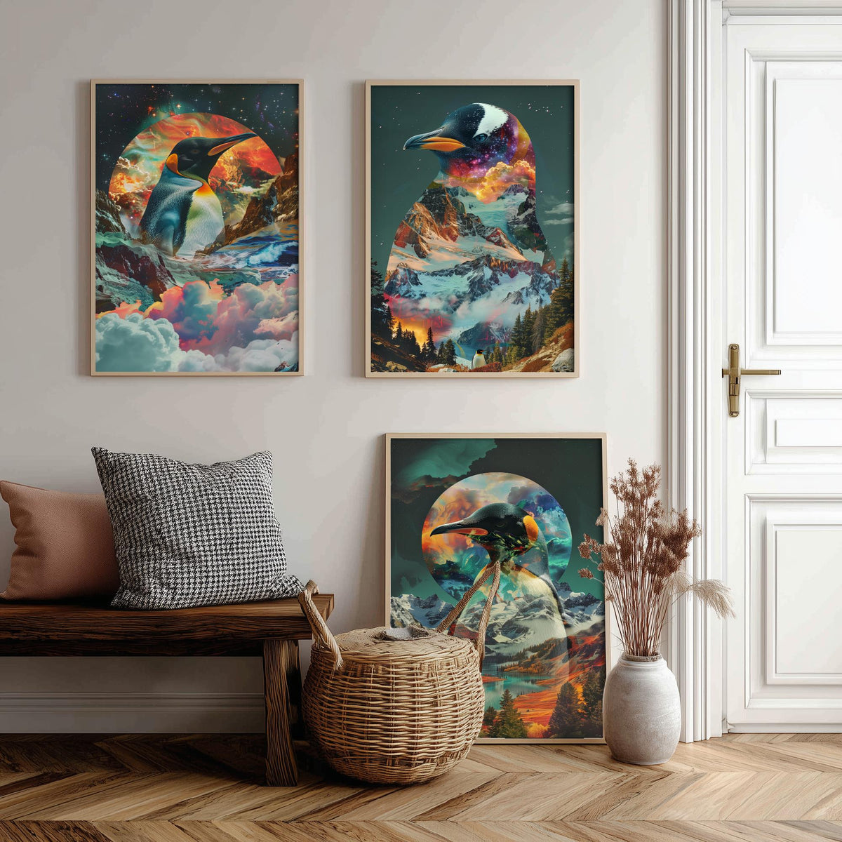 Penguin Set of Three Art Prints - 3 Double Exposure Bird Posters - Surreal Mountain Glacier Nature Wall Art Gift Painting Cosmic