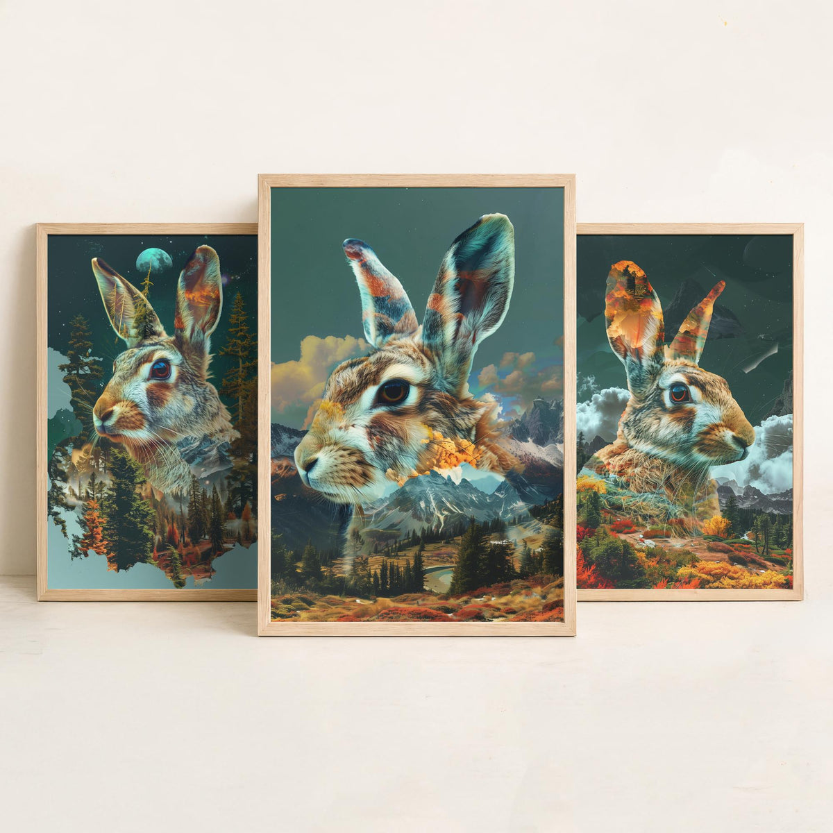 Rabbit Set of Three Art Prints - 3 Double Exposure Woodland Posters - Autumn Forest Surreal Nature Wall Art Gift Painting Moon