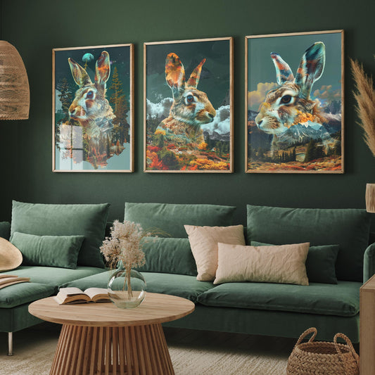 Rabbit Set of Three Art Prints - 3 Double Exposure Woodland Posters - Autumn Forest Surreal Nature Wall Art Gift Painting Moon