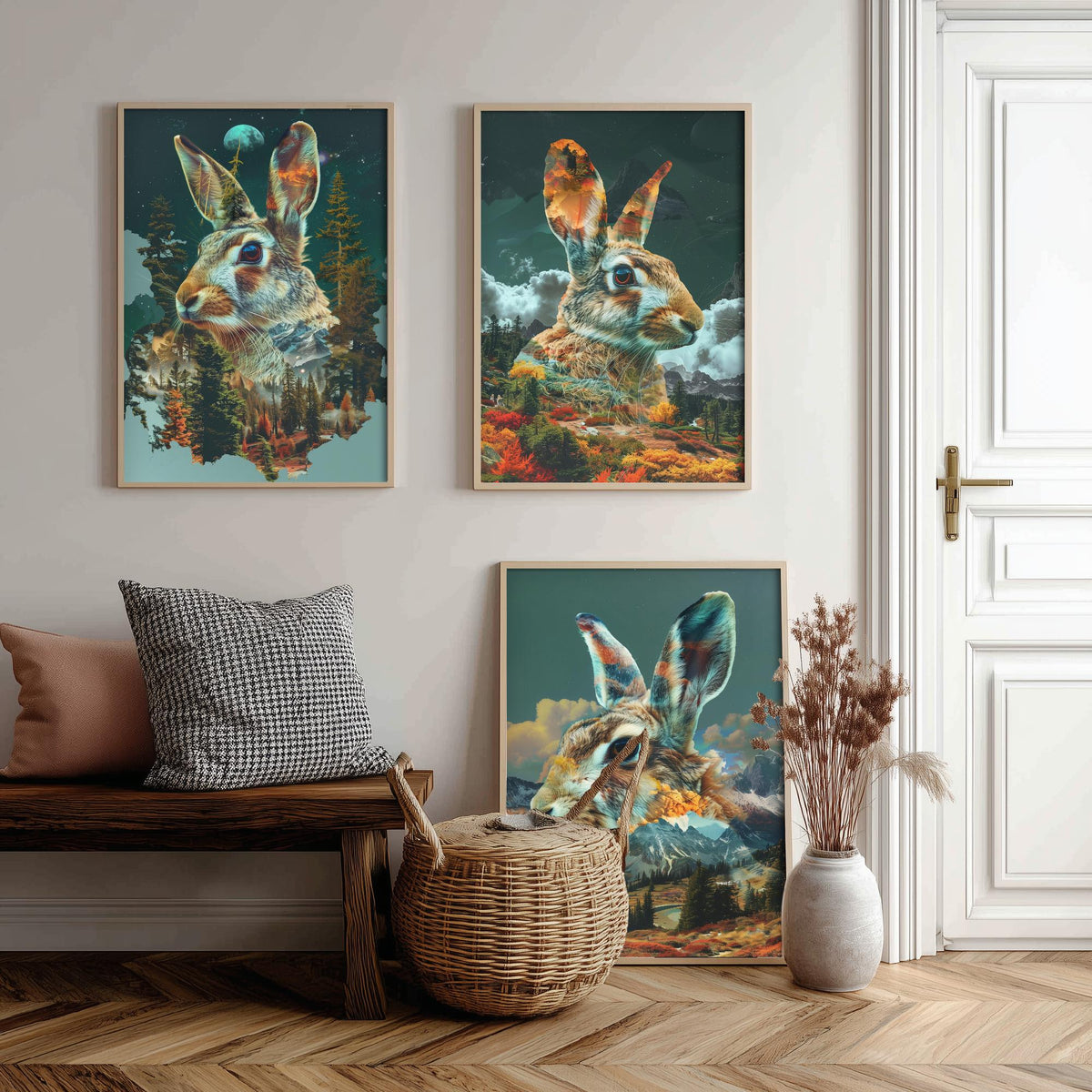 Rabbit Set of Three Art Prints - 3 Double Exposure Woodland Posters - Autumn Forest Surreal Nature Wall Art Gift Painting Moon