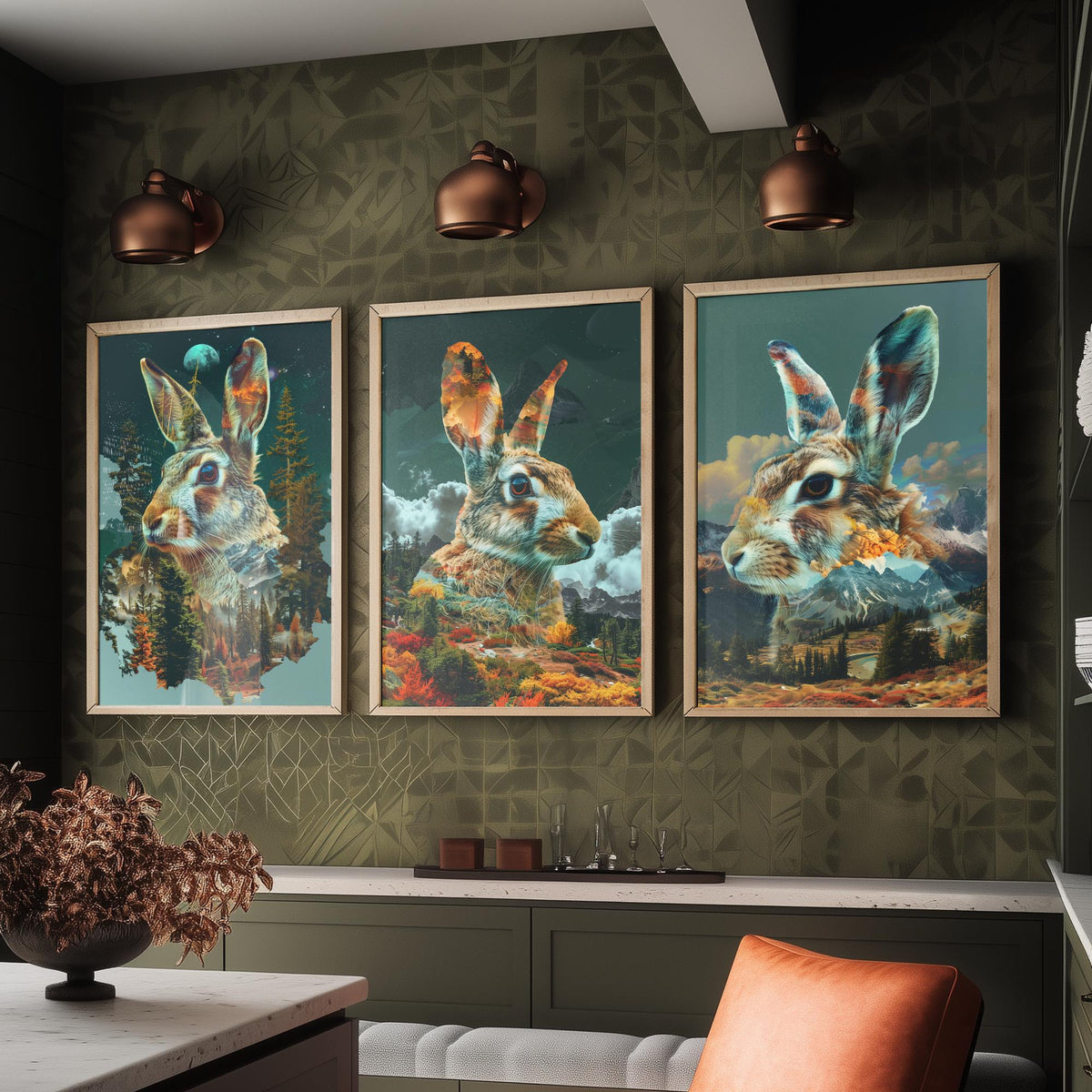 Rabbit Set of Three Art Prints - 3 Double Exposure Woodland Posters - Autumn Forest Surreal Nature Wall Art Gift Painting Moon
