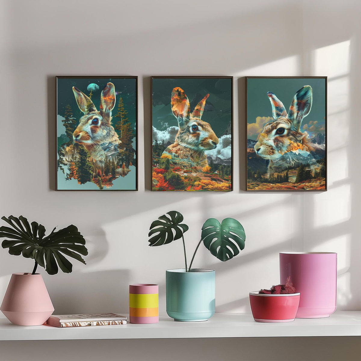 Rabbit Set of Three Art Prints - 3 Double Exposure Woodland Posters - Autumn Forest Surreal Nature Wall Art Gift Painting Moon