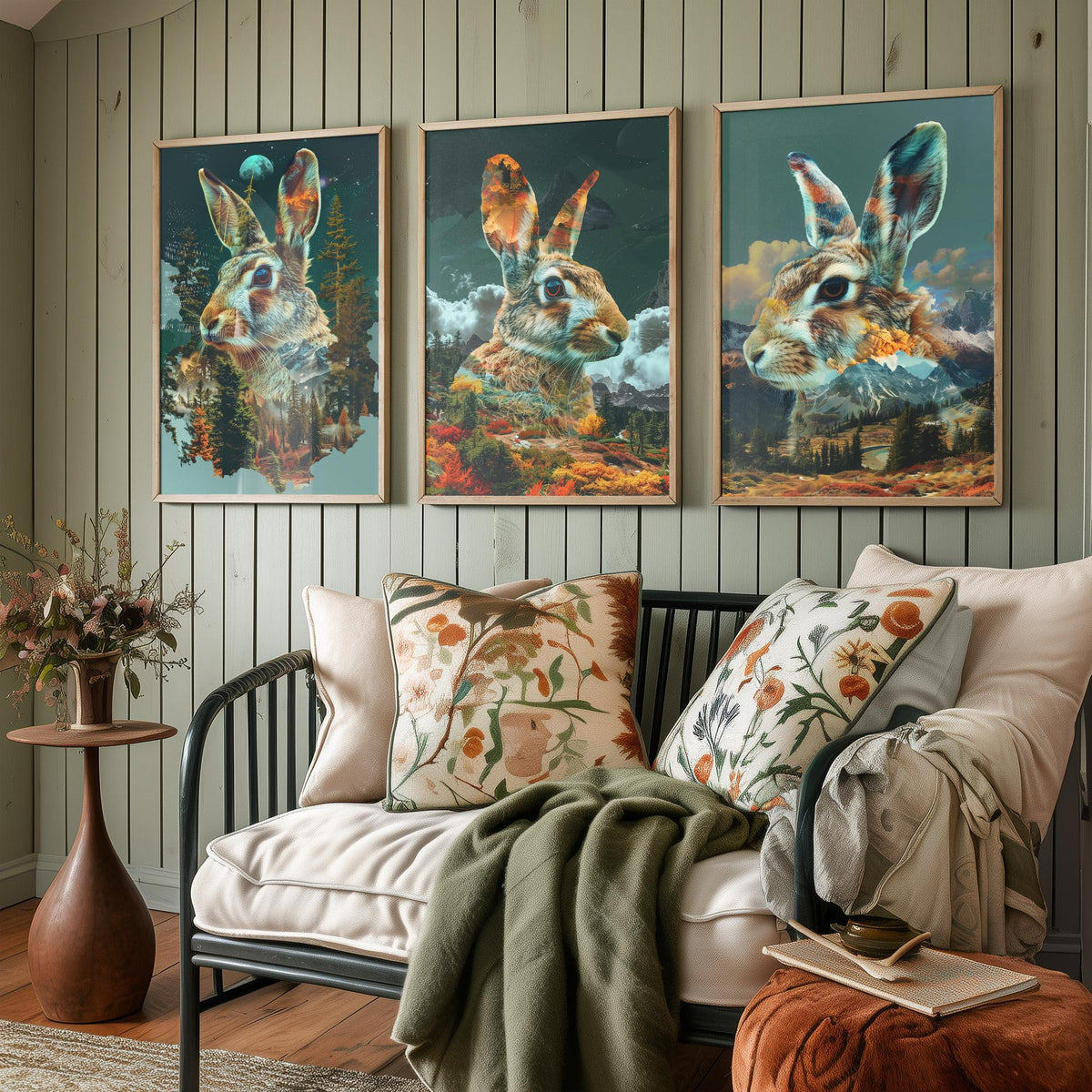Rabbit Set of Three Art Prints - 3 Double Exposure Woodland Posters - Autumn Forest Surreal Nature Wall Art Gift Painting Moon