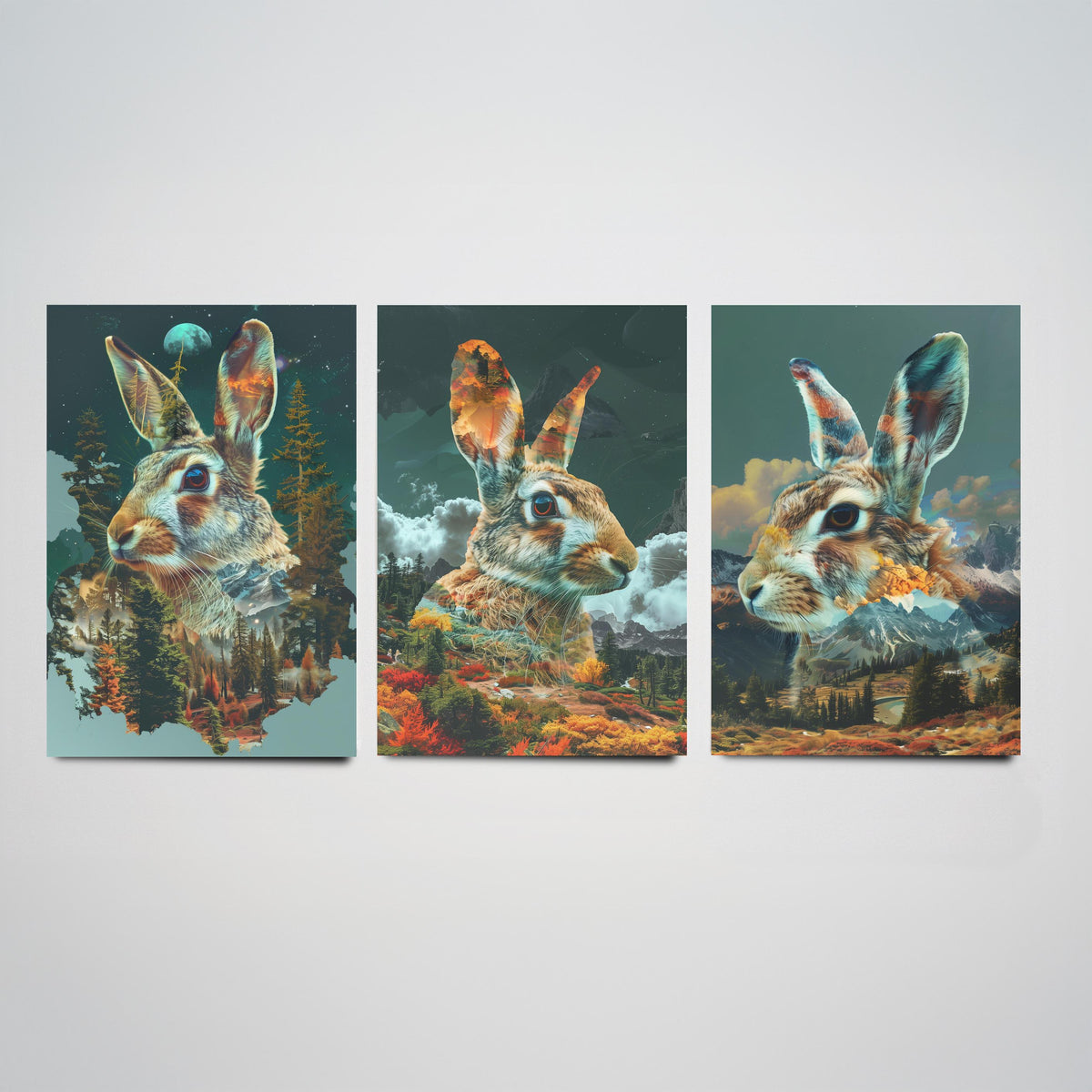 Rabbit Set of Three Art Prints - 3 Double Exposure Woodland Posters - Autumn Forest Surreal Nature Wall Art Gift Painting Moon