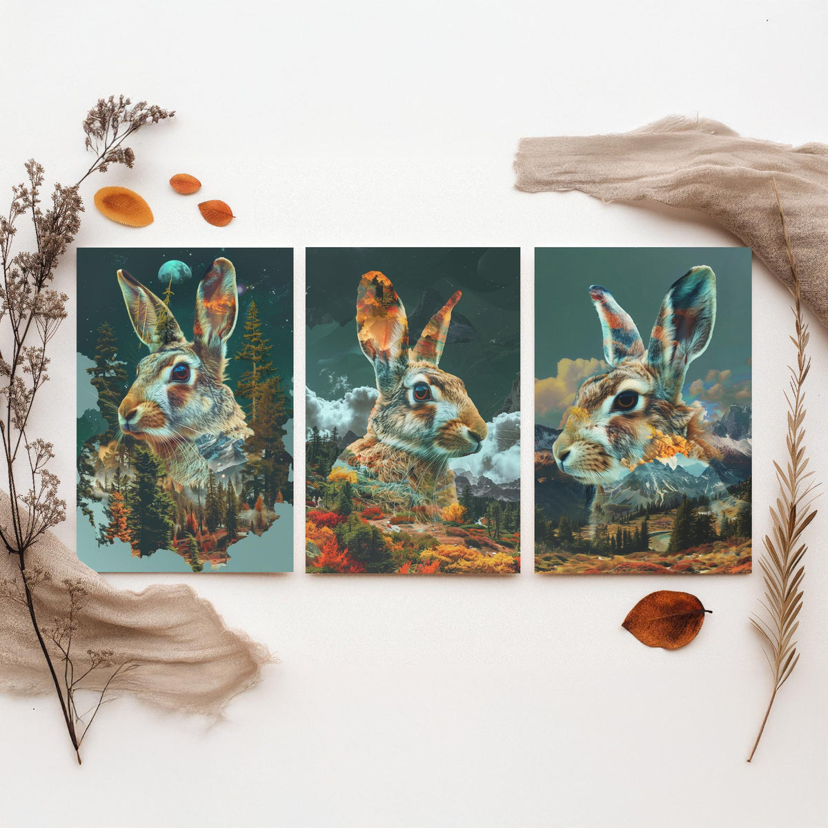Rabbit Set of Three Art Prints - 3 Double Exposure Woodland Posters - Autumn Forest Surreal Nature Wall Art Gift Painting Moon