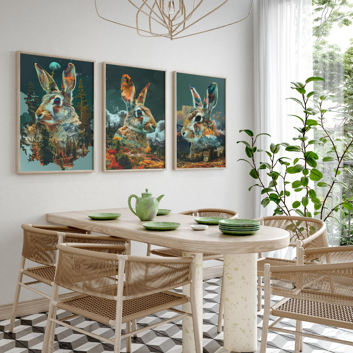 Rabbit Set of Three Art Prints - 3 Double Exposure Woodland Posters - Autumn Forest Surreal Nature Wall Art Gift Painting Moon