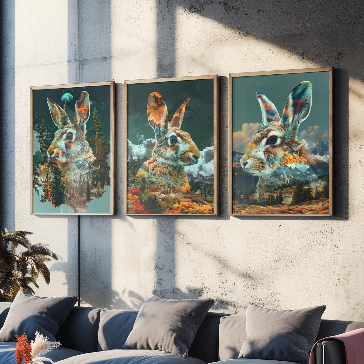 Rabbit Set of Three Art Prints - 3 Double Exposure Woodland Posters - Autumn Forest Surreal Nature Wall Art Gift Painting Moon
