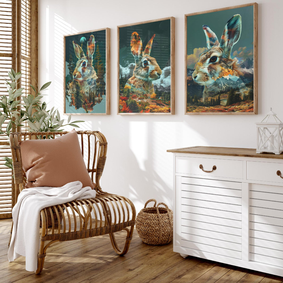 Rabbit Set of Three Art Prints - 3 Double Exposure Woodland Posters - Autumn Forest Surreal Nature Wall Art Gift Painting Moon