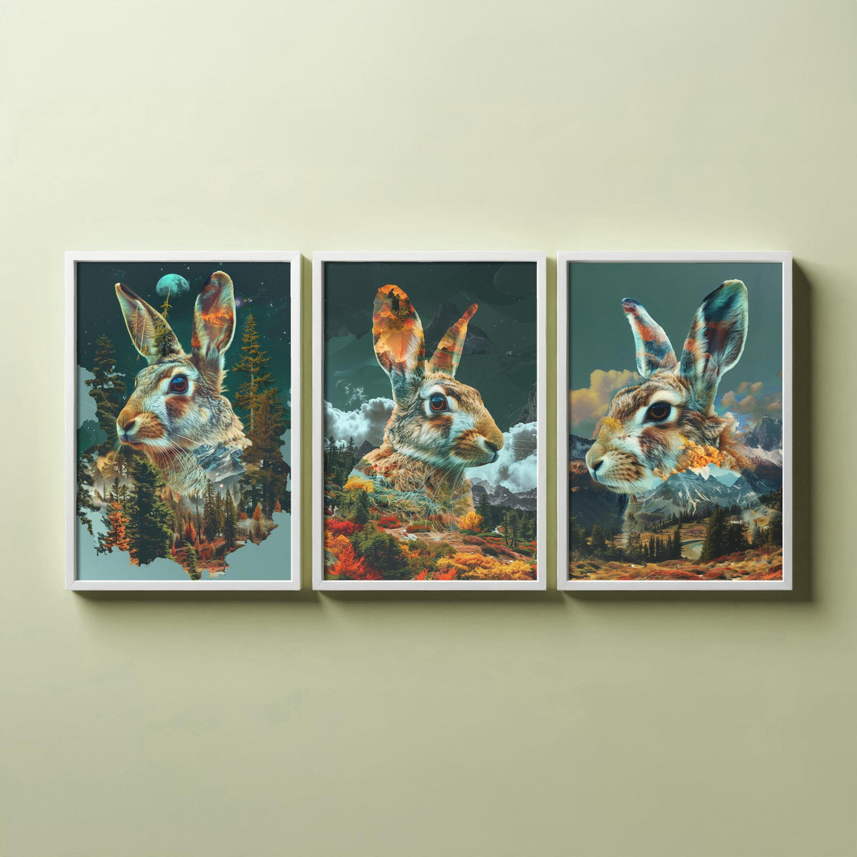 Rabbit Set of Three Art Prints - 3 Double Exposure Woodland Posters - Autumn Forest Surreal Nature Wall Art Gift Painting Moon