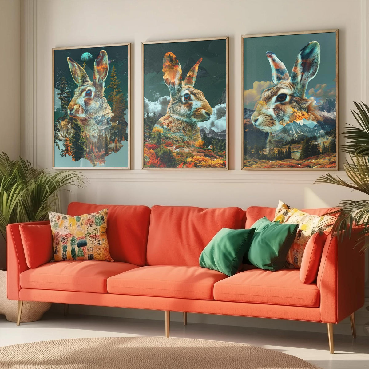 Rabbit Set of Three Art Prints - 3 Double Exposure Woodland Posters - Autumn Forest Surreal Nature Wall Art Gift Painting Moon