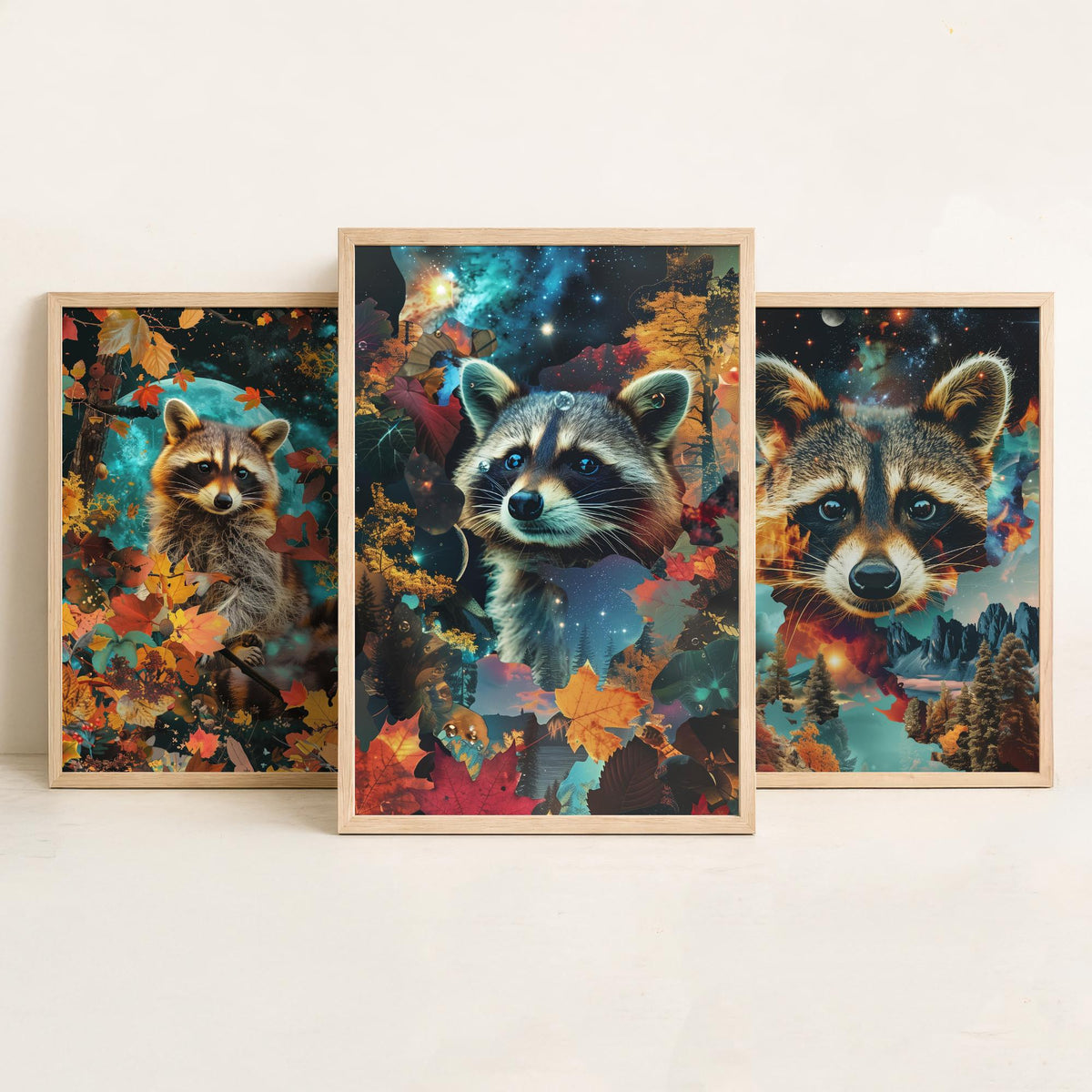 Raccoon Set of Three Art Prints - 3 Double Exposure Woodland Posters - Autumn Leaf Galaxy Surreal Nature Wall Art Gift Painting Celestial