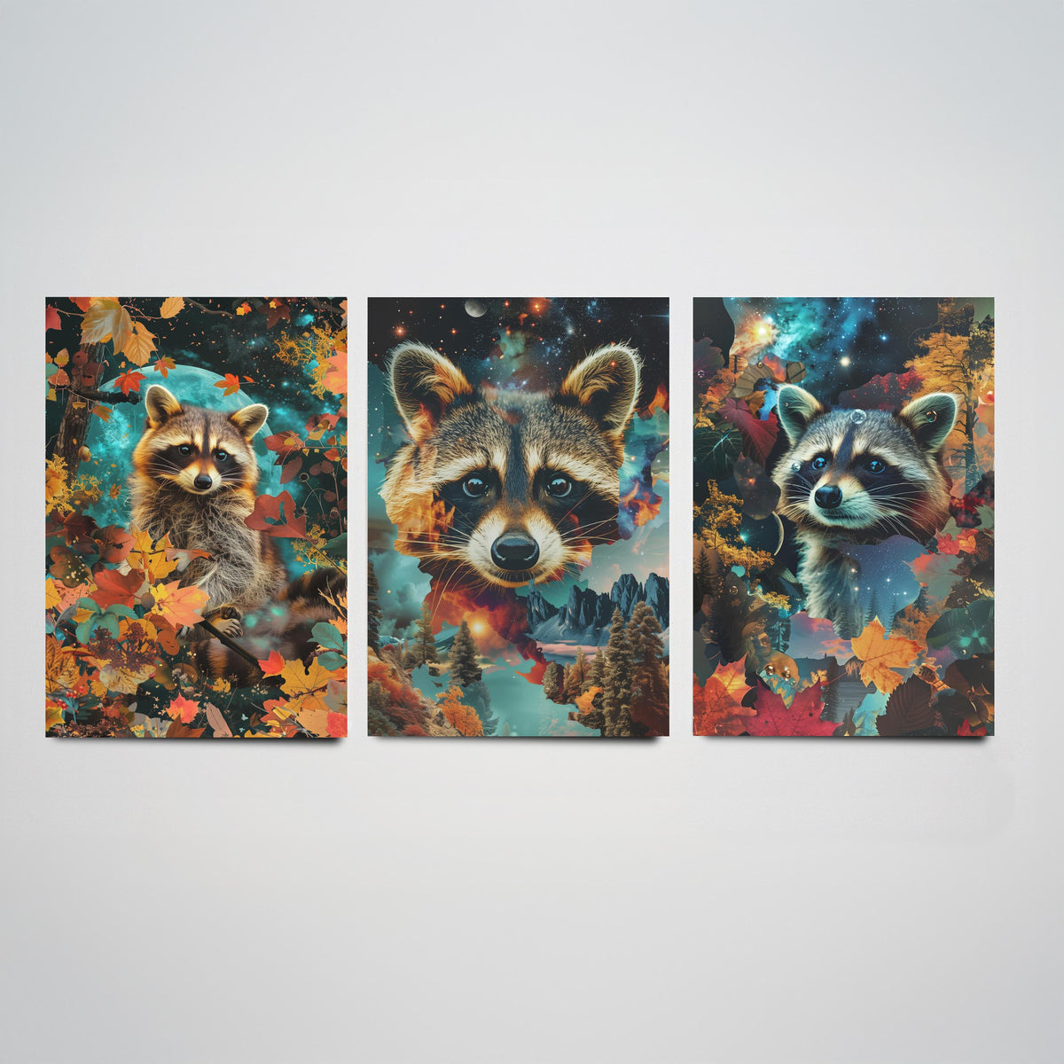 Raccoon Set of Three Art Prints - 3 Double Exposure Woodland Posters - Autumn Leaf Galaxy Surreal Nature Wall Art Gift Painting Celestial