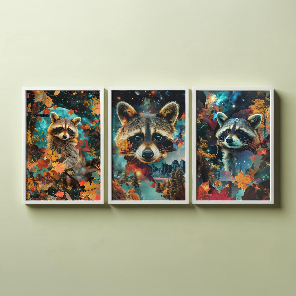 Raccoon Set of Three Art Prints - 3 Double Exposure Woodland Posters - Autumn Leaf Galaxy Surreal Nature Wall Art Gift Painting Celestial