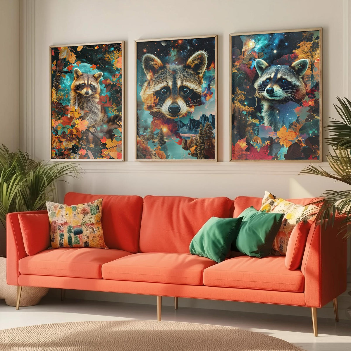 Raccoon Set of Three Art Prints - 3 Double Exposure Woodland Posters - Autumn Leaf Galaxy Surreal Nature Wall Art Gift Painting Celestial