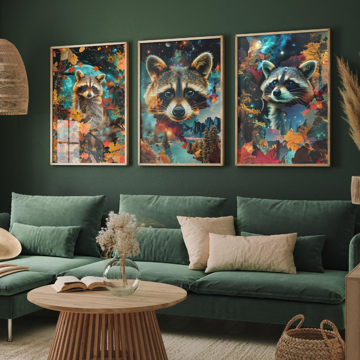 Raccoon Set of Three Art Prints - 3 Double Exposure Woodland Posters - Autumn Leaf Galaxy Surreal Nature Wall Art Gift Painting Celestial