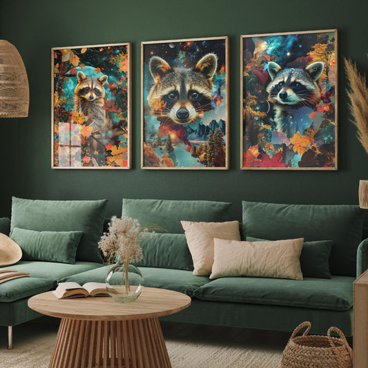 Raccoon Set of Three Art Prints - 3 Double Exposure Woodland Posters - Autumn Leaf Galaxy Surreal Nature Wall Art Gift Painting Celestial
