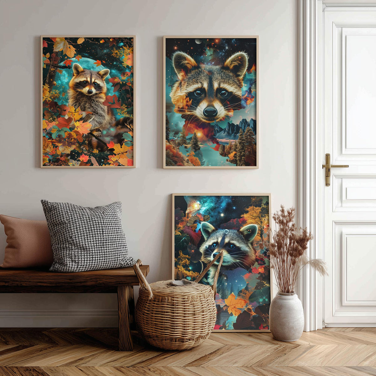 Raccoon Set of Three Art Prints - 3 Double Exposure Woodland Posters - Autumn Leaf Galaxy Surreal Nature Wall Art Gift Painting Celestial