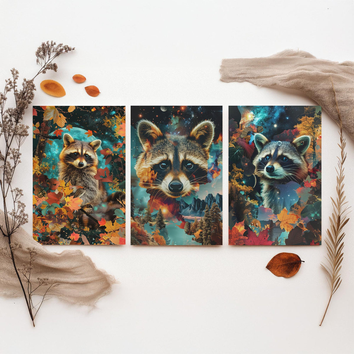 Raccoon Set of Three Art Prints - 3 Double Exposure Woodland Posters - Autumn Leaf Galaxy Surreal Nature Wall Art Gift Painting Celestial