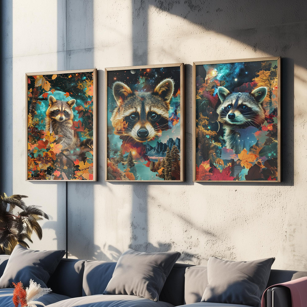 Raccoon Set of Three Art Prints - 3 Double Exposure Woodland Posters - Autumn Leaf Galaxy Surreal Nature Wall Art Gift Painting Celestial