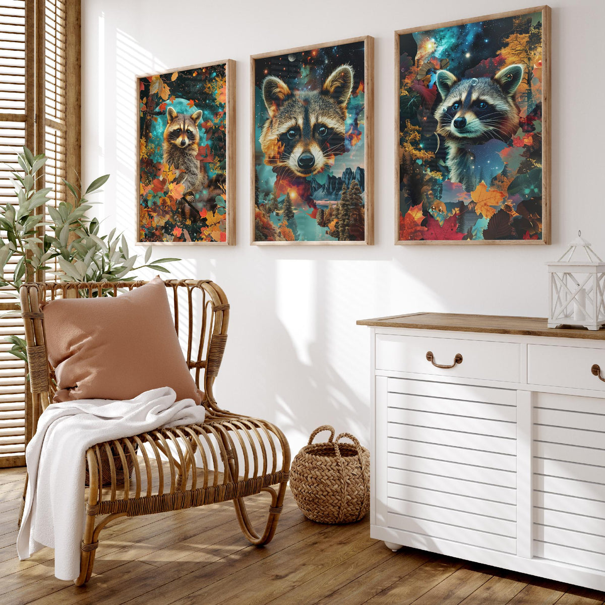 Raccoon Set of Three Art Prints - 3 Double Exposure Woodland Posters - Autumn Leaf Galaxy Surreal Nature Wall Art Gift Painting Celestial