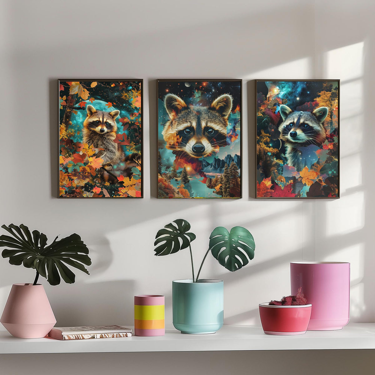 Raccoon Set of Three Art Prints - 3 Double Exposure Woodland Posters - Autumn Leaf Galaxy Surreal Nature Wall Art Gift Painting Celestial