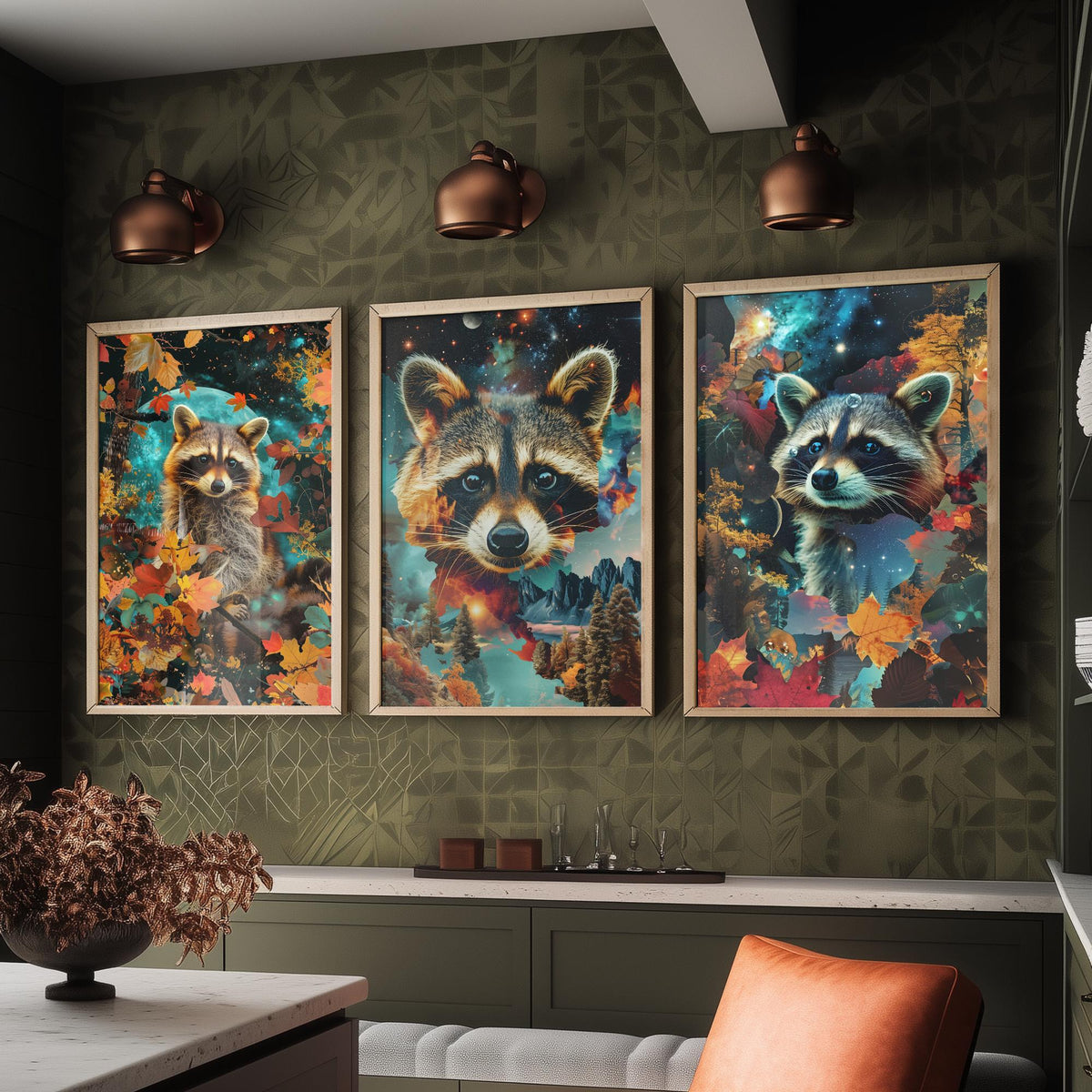 Raccoon Set of Three Art Prints - 3 Double Exposure Woodland Posters - Autumn Leaf Galaxy Surreal Nature Wall Art Gift Painting Celestial