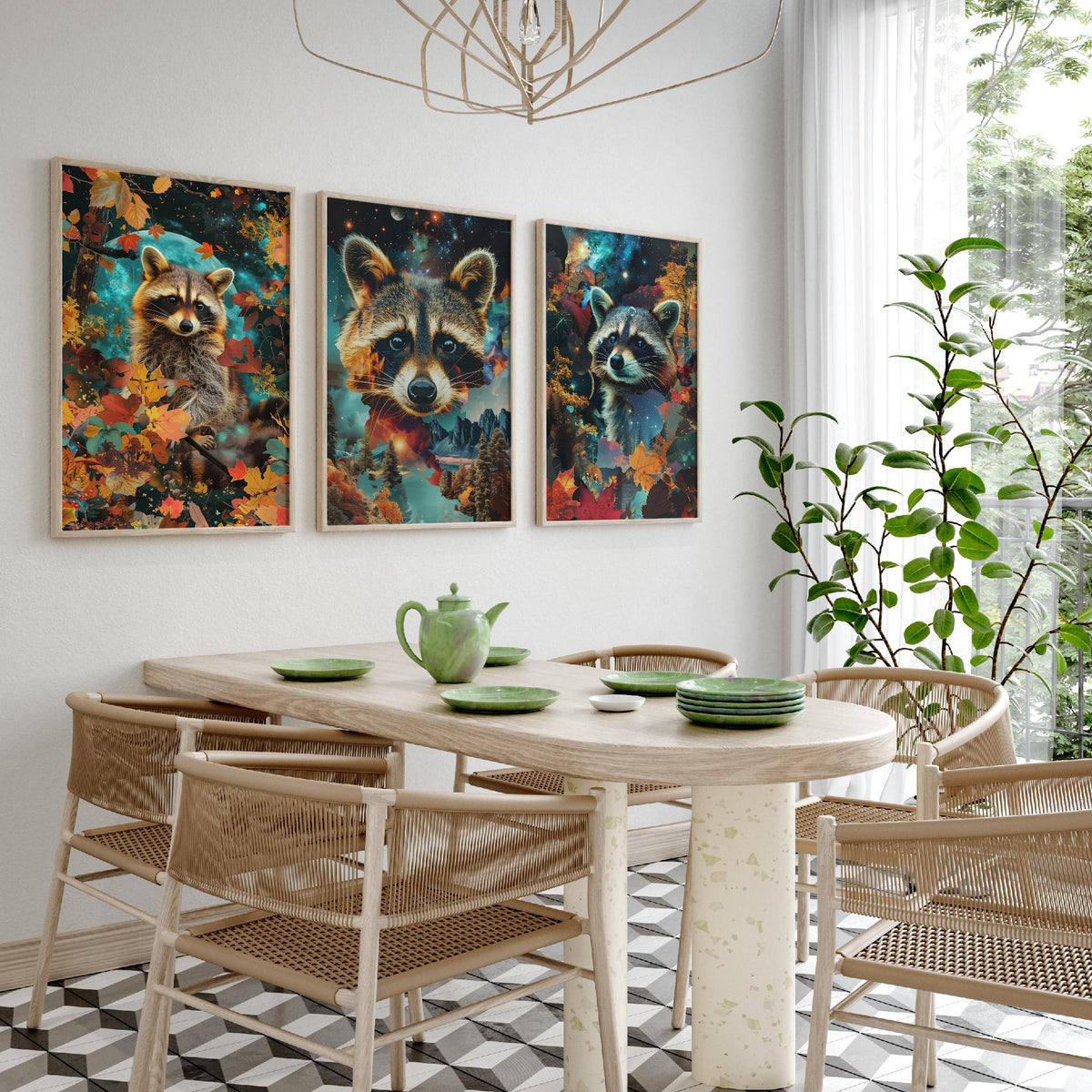 Raccoon Set of Three Art Prints - 3 Double Exposure Woodland Posters - Autumn Leaf Galaxy Surreal Nature Wall Art Gift Painting Celestial