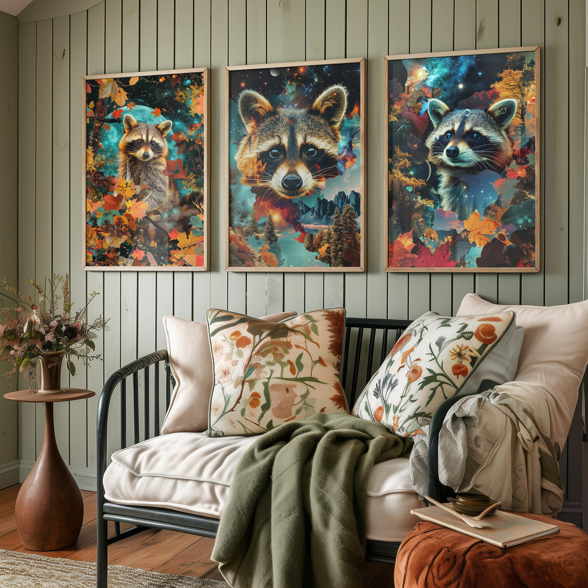 Raccoon Set of Three Art Prints - 3 Double Exposure Woodland Posters - Autumn Leaf Galaxy Surreal Nature Wall Art Gift Painting Celestial