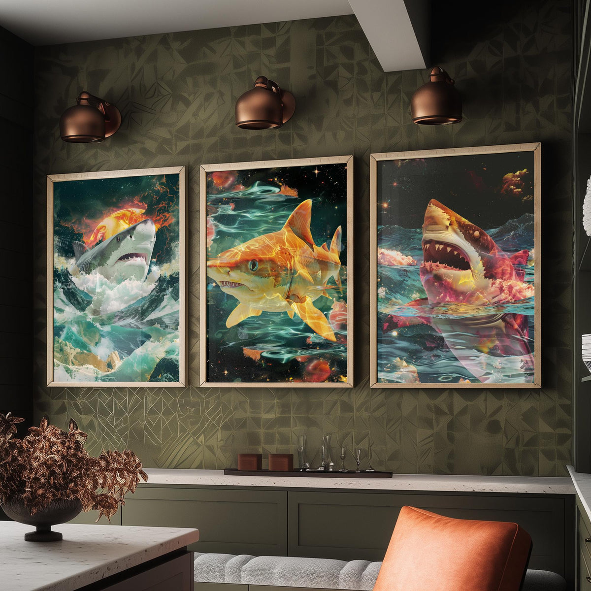 Shark Set of Three Art Prints - 3 Double Exposure Ocean Posters - Surreal Wave Cosmic Nature Wall Art Gift Painting Celestial