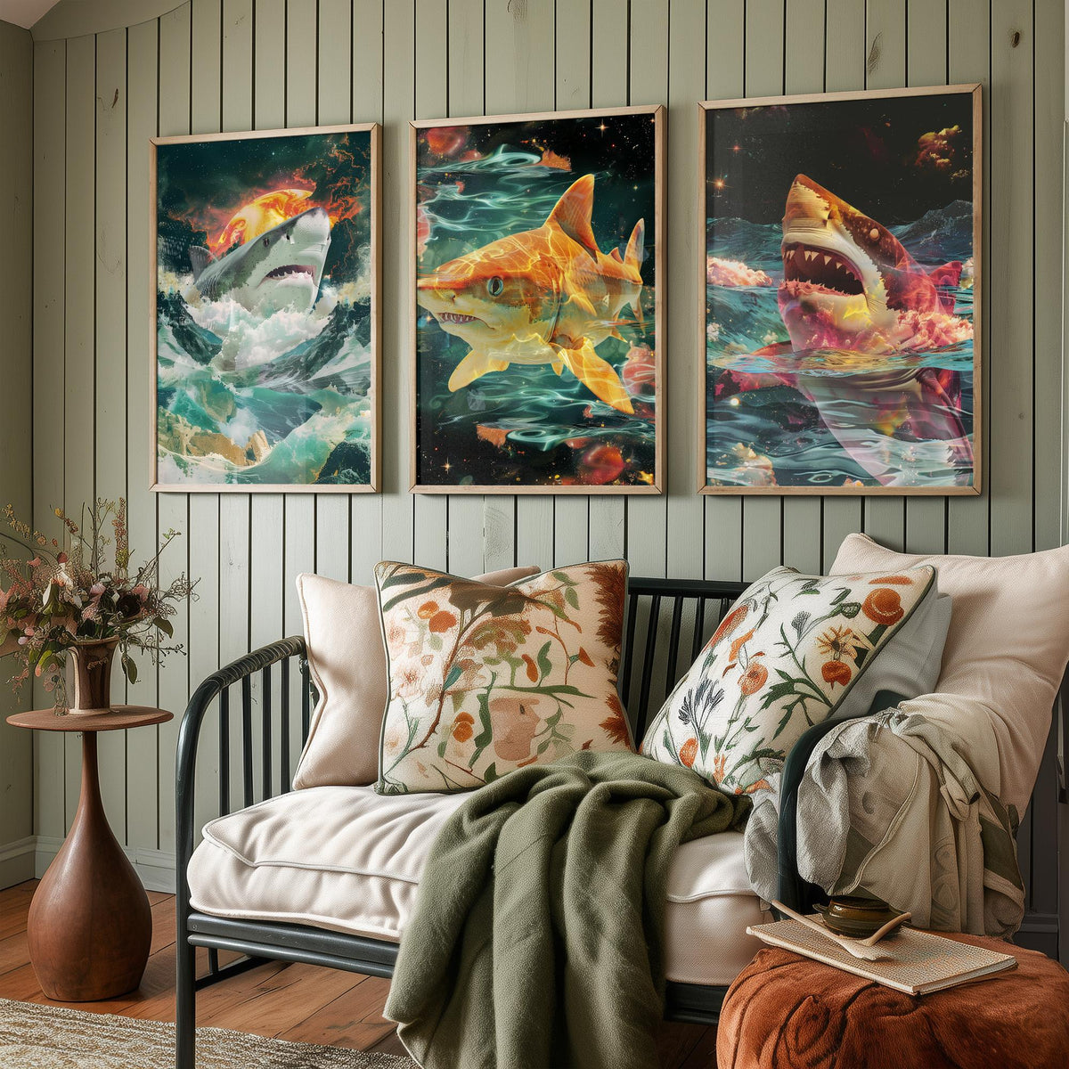 Shark Set of Three Art Prints - 3 Double Exposure Ocean Posters - Surreal Wave Cosmic Nature Wall Art Gift Painting Celestial