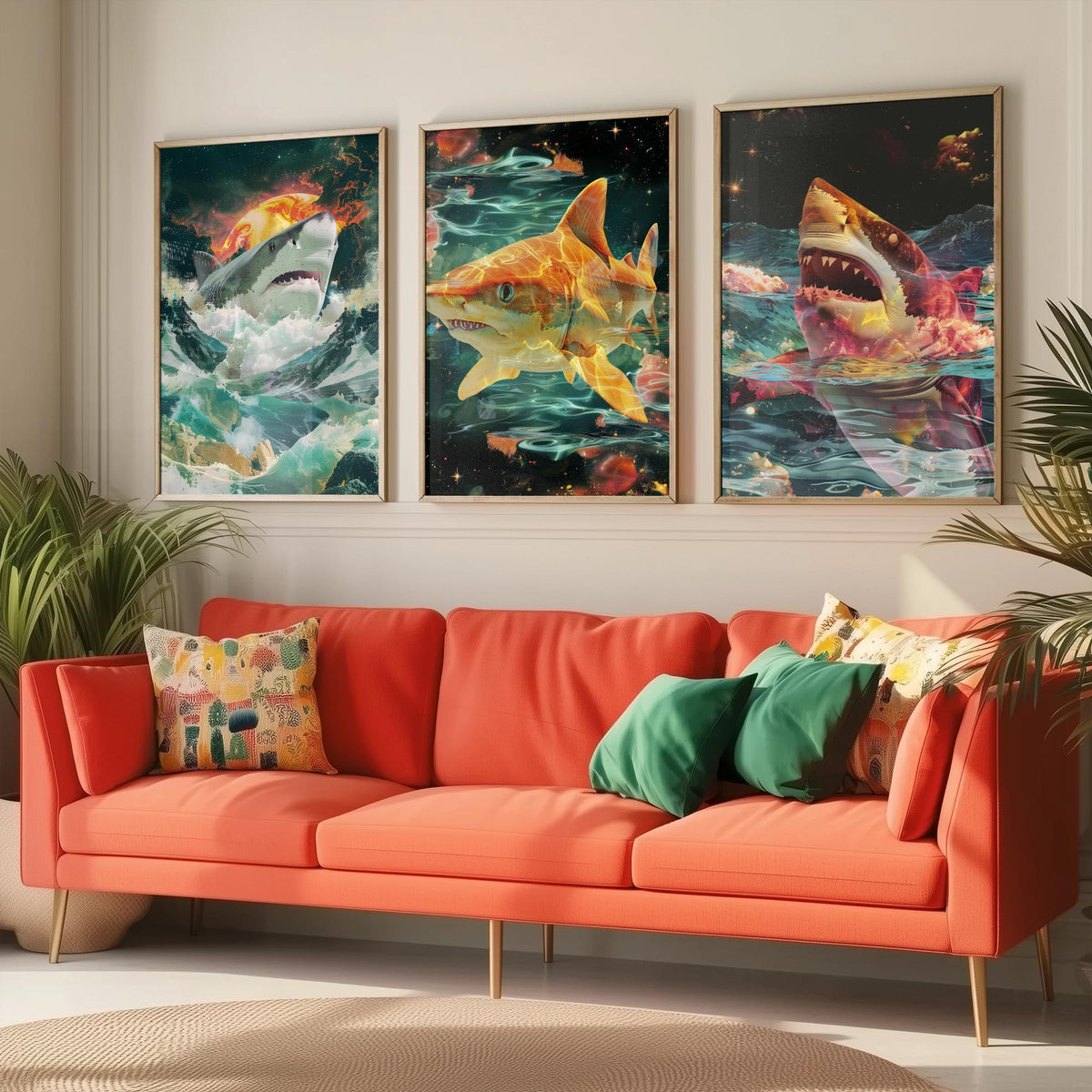 Shark Set of Three Art Prints - 3 Double Exposure Ocean Posters - Surreal Wave Cosmic Nature Wall Art Gift Painting Celestial