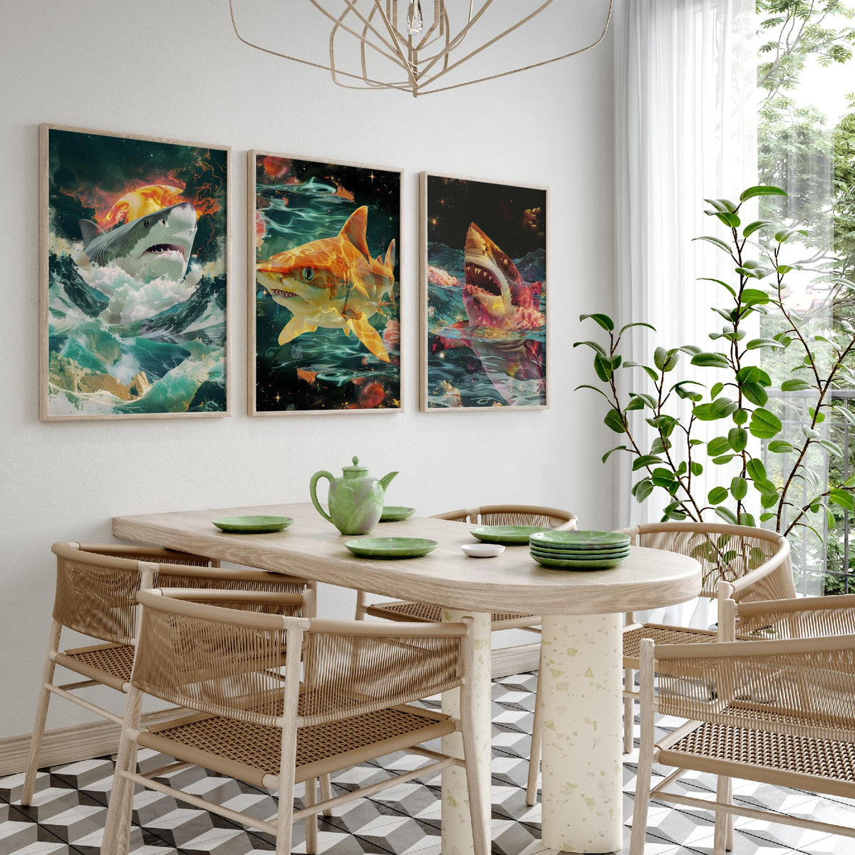 Shark Set of Three Art Prints - 3 Double Exposure Ocean Posters - Surreal Wave Cosmic Nature Wall Art Gift Painting Celestial