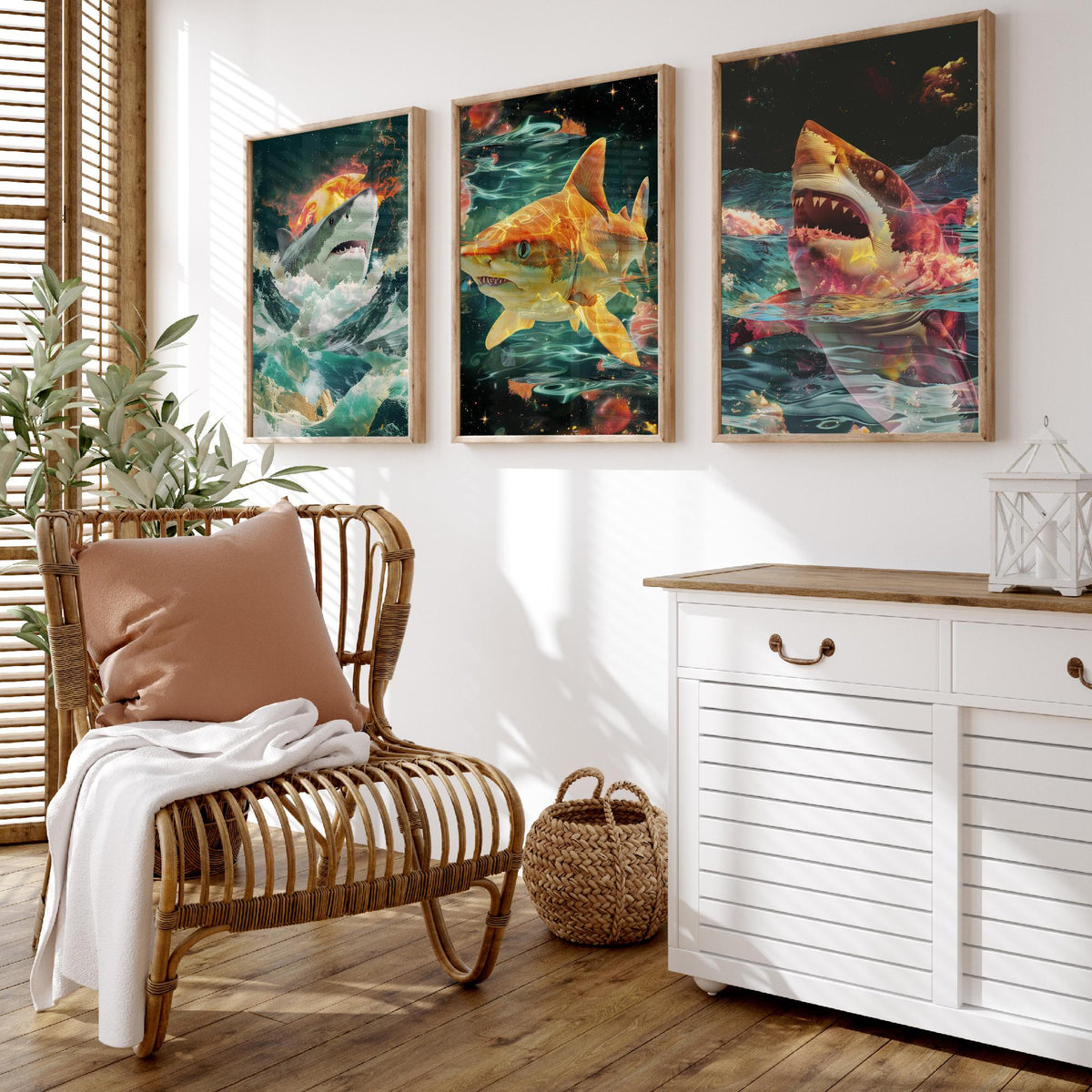 Shark Set of Three Art Prints - 3 Double Exposure Ocean Posters - Surreal Wave Cosmic Nature Wall Art Gift Painting Celestial