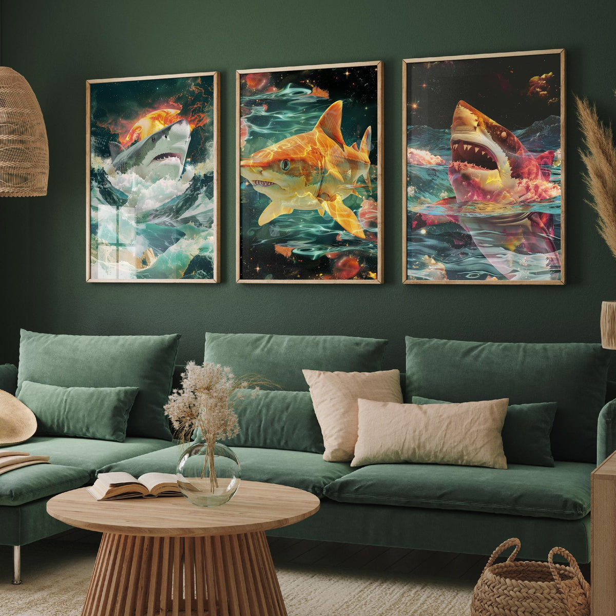 Shark Set of Three Art Prints - 3 Double Exposure Ocean Posters - Surreal Wave Cosmic Nature Wall Art Gift Painting Celestial
