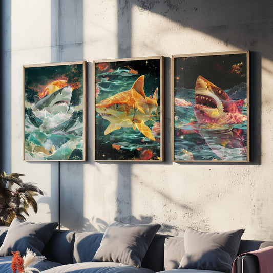 Shark Set of Three Art Prints - 3 Double Exposure Ocean Posters - Surreal Wave Cosmic Nature Wall Art Gift Painting Celestial