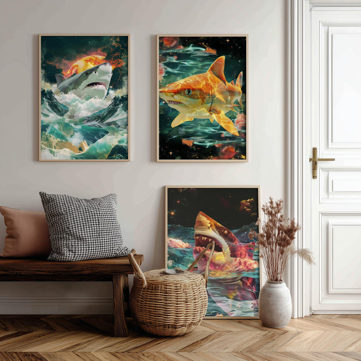 Shark Set of Three Art Prints - 3 Double Exposure Ocean Posters - Surreal Wave Cosmic Nature Wall Art Gift Painting Celestial