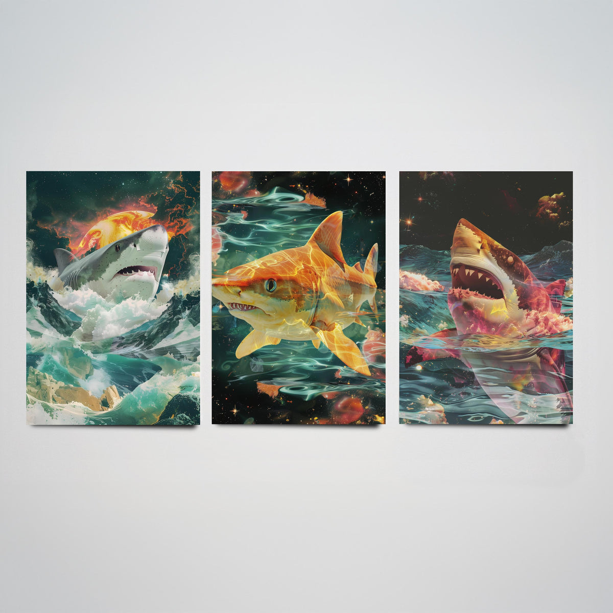 Shark Set of Three Art Prints - 3 Double Exposure Ocean Posters - Surreal Wave Cosmic Nature Wall Art Gift Painting Celestial