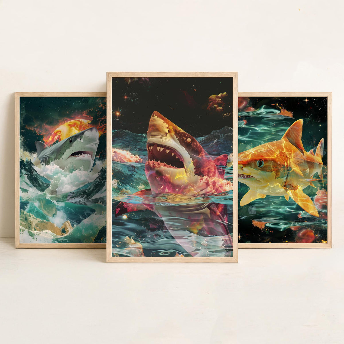 Shark Set of Three Art Prints - 3 Double Exposure Ocean Posters - Surreal Wave Cosmic Nature Wall Art Gift Painting Celestial