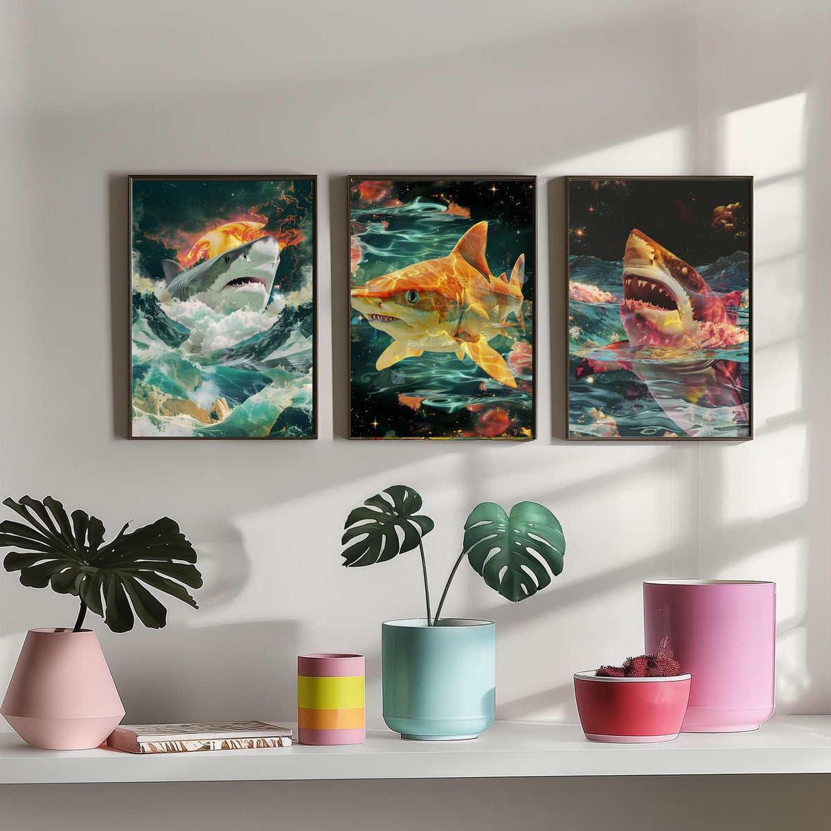 Shark Set of Three Art Prints - 3 Double Exposure Ocean Posters - Surreal Wave Cosmic Nature Wall Art Gift Painting Celestial