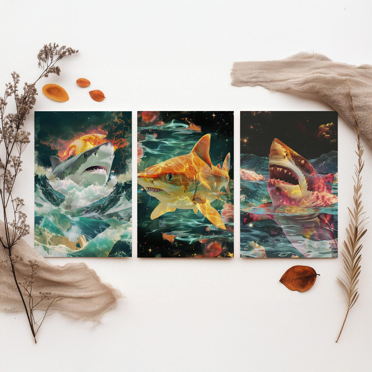 Shark Set of Three Art Prints - 3 Double Exposure Ocean Posters - Surreal Wave Cosmic Nature Wall Art Gift Painting Celestial