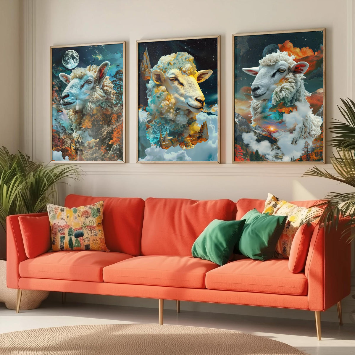 Sheep Set of Three Art Prints - 3 Double Exposure Cloud Posters - Surreal Mountain Autumn Nature Wall Art Gift Painting Celestial