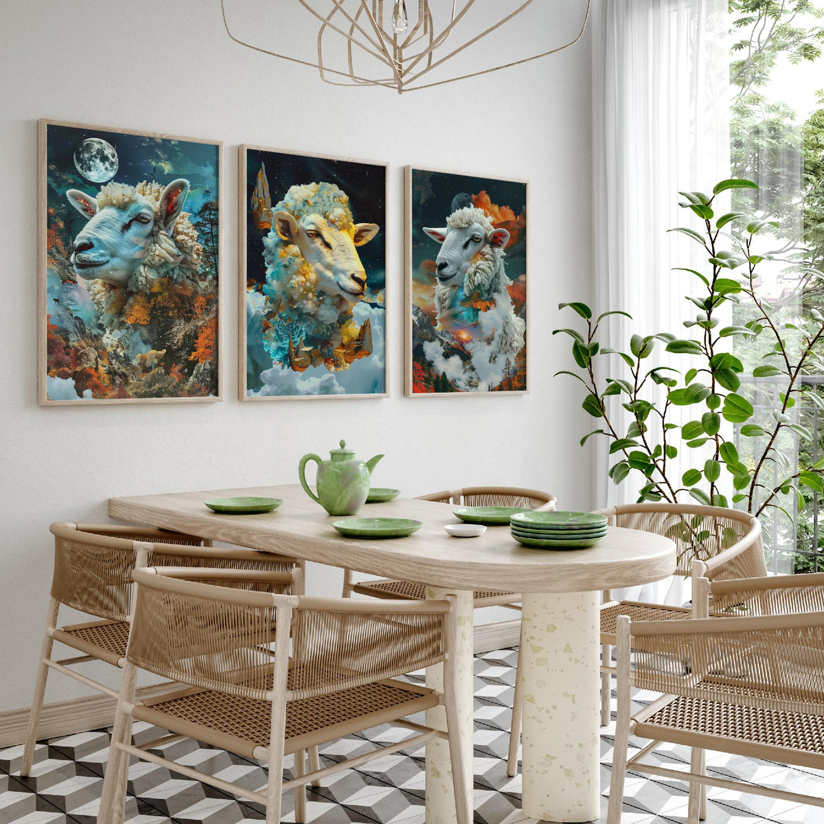 Sheep Set of Three Art Prints - 3 Double Exposure Cloud Posters - Surreal Mountain Autumn Nature Wall Art Gift Painting Celestial