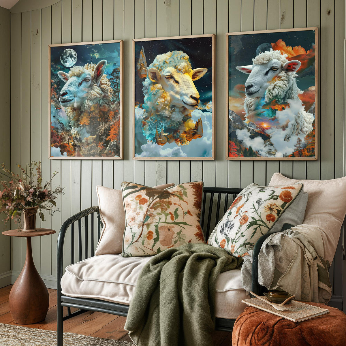 Sheep Set of Three Art Prints - 3 Double Exposure Cloud Posters - Surreal Mountain Autumn Nature Wall Art Gift Painting Celestial