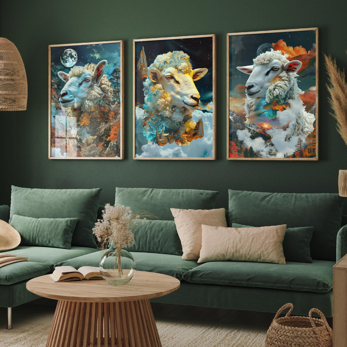Sheep Set of Three Art Prints - 3 Double Exposure Cloud Posters - Surreal Mountain Autumn Nature Wall Art Gift Painting Celestial