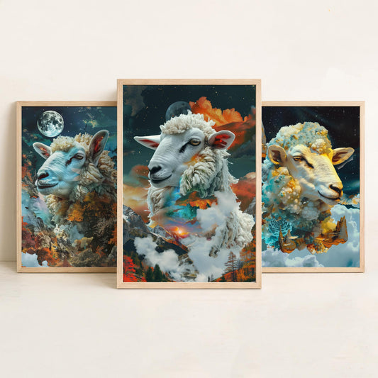Sheep Set of Three Art Prints - 3 Double Exposure Cloud Posters - Surreal Mountain Autumn Nature Wall Art Gift Painting Celestial