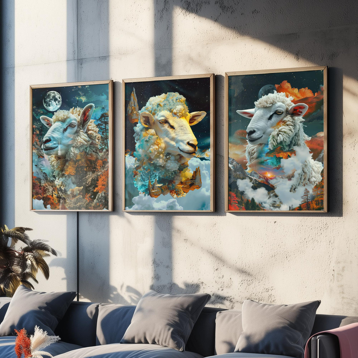 Sheep Set of Three Art Prints - 3 Double Exposure Cloud Posters - Surreal Mountain Autumn Nature Wall Art Gift Painting Celestial