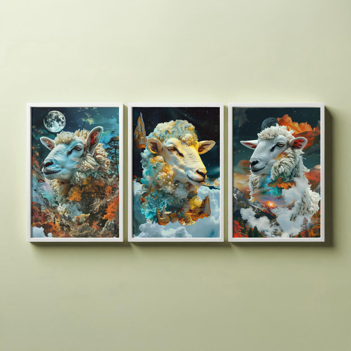 Sheep Set of Three Art Prints - 3 Double Exposure Cloud Posters - Surreal Mountain Autumn Nature Wall Art Gift Painting Celestial