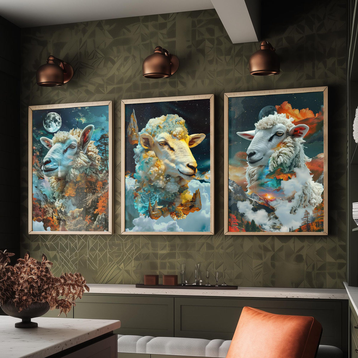 Sheep Set of Three Art Prints - 3 Double Exposure Cloud Posters - Surreal Mountain Autumn Nature Wall Art Gift Painting Celestial
